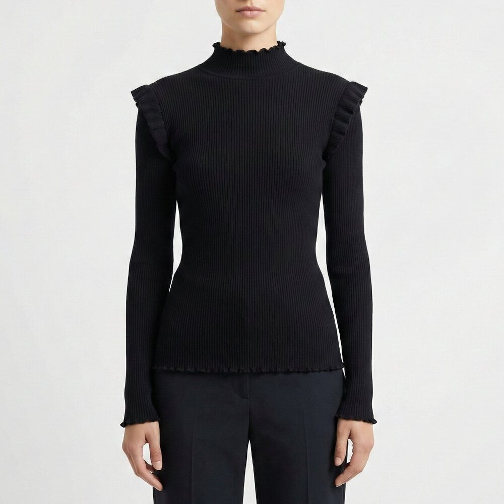 Current/Elliott The Ruffle Rib Top Black Ribbed Mock Neck Size 1